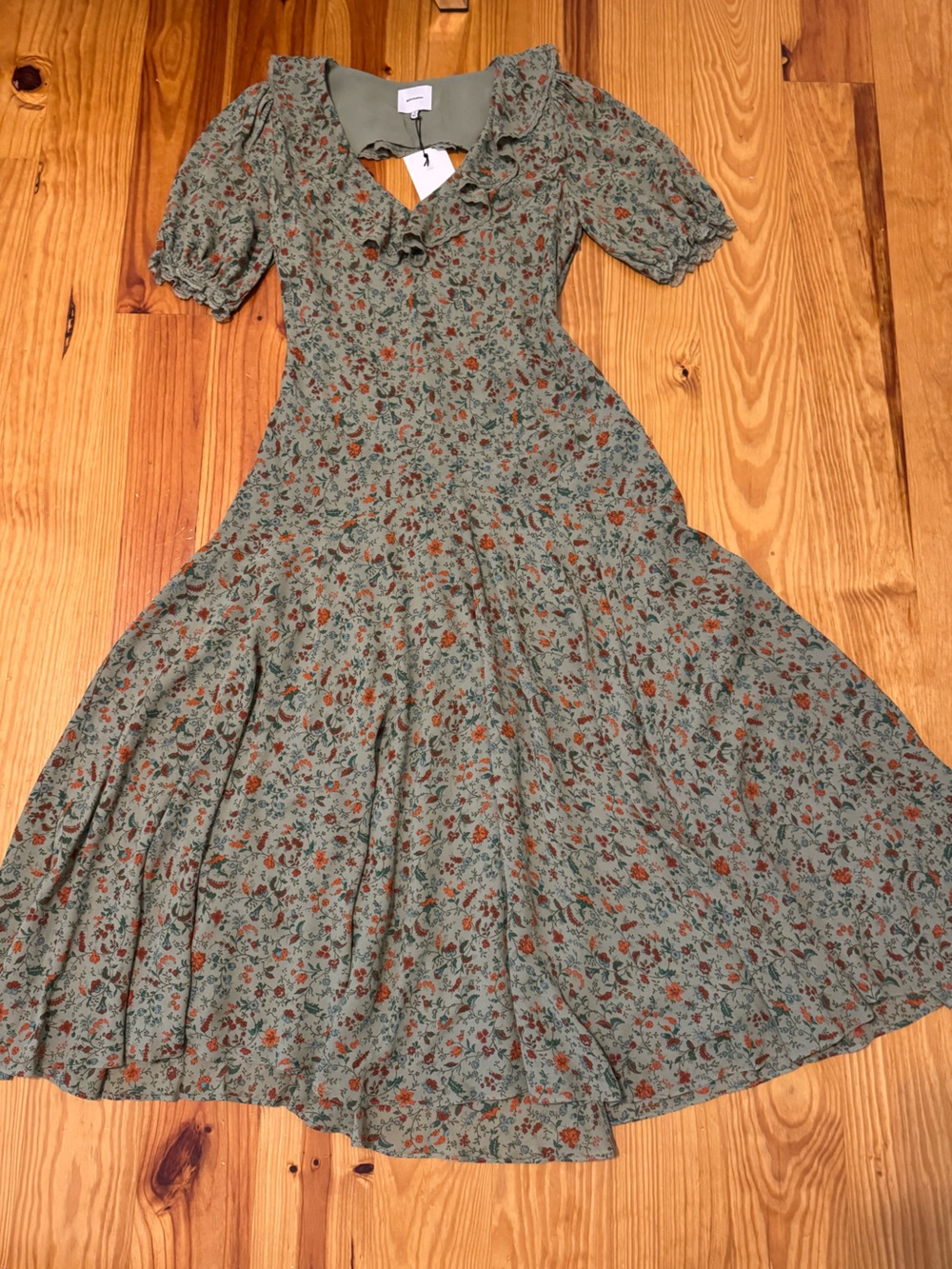 Reformation Evra Ponderosa Dress Green Floral Ruffle Lace Trim SZ US 12 NWT - Picture 6 of 16